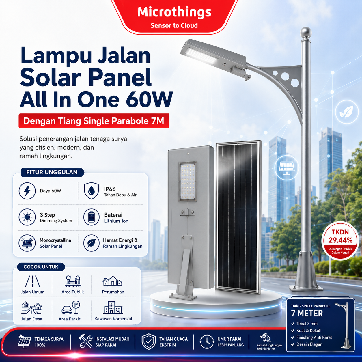 Lampu Jalan Solar Panel All In One 60W dan Tiang Single Parabole 7M 27052026 Lampu Jalan Solar Panel All In One 60W dan Tiang Single Parabole 7M 27052026