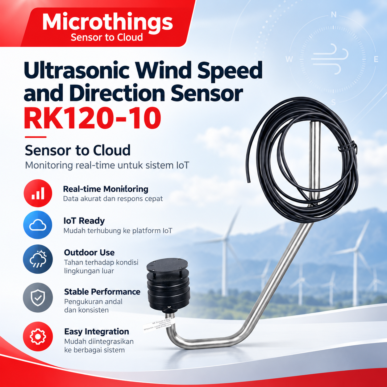 Ultrasonic Wind Speed and Direction Sensor RK120-10 - Stainless Steel