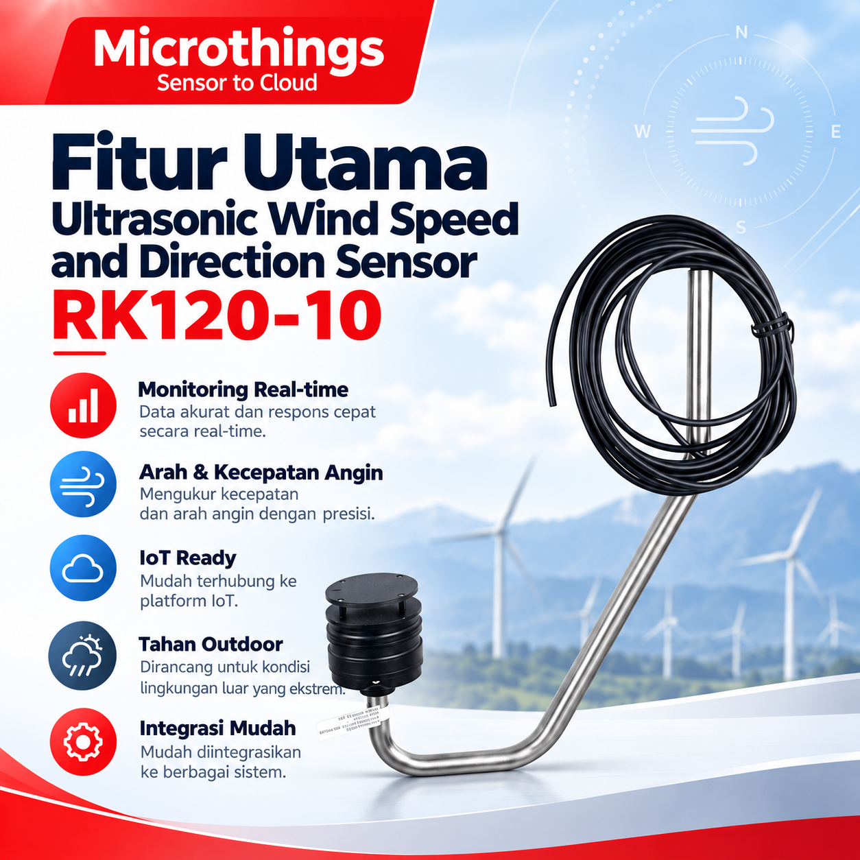 Ultrasonic Wind Speed and Direction Sensor RK120-10 - Stainless Steel - Image 5