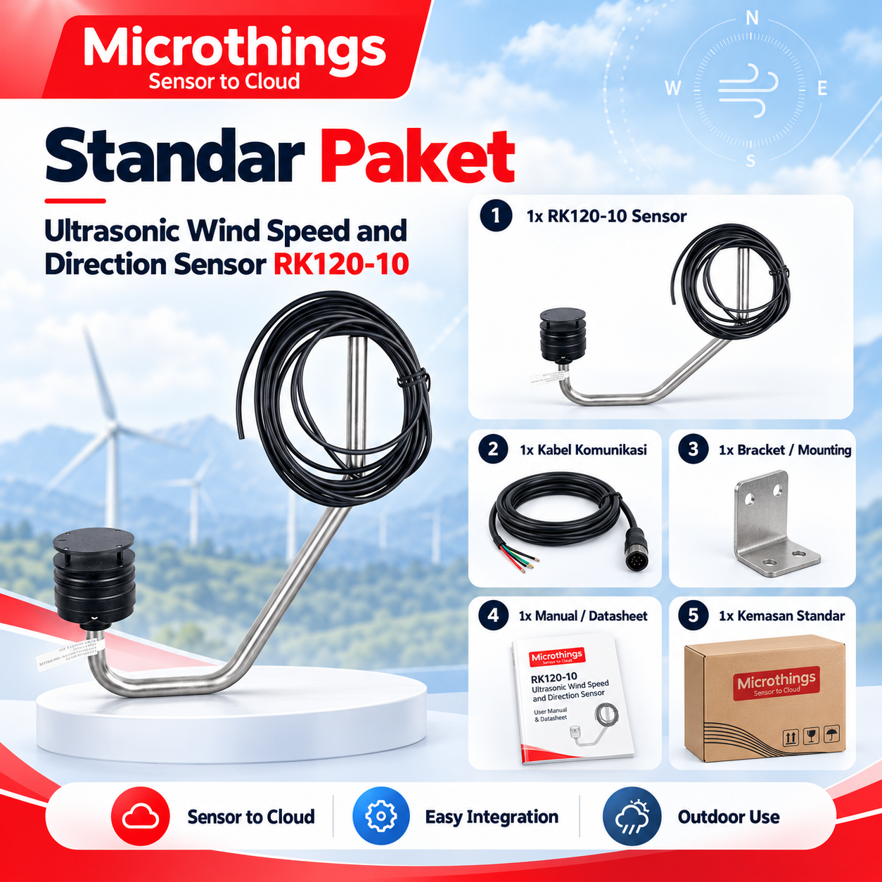 Ultrasonic Wind Speed and Direction Sensor RK120-10 - Stainless Steel - Image 3